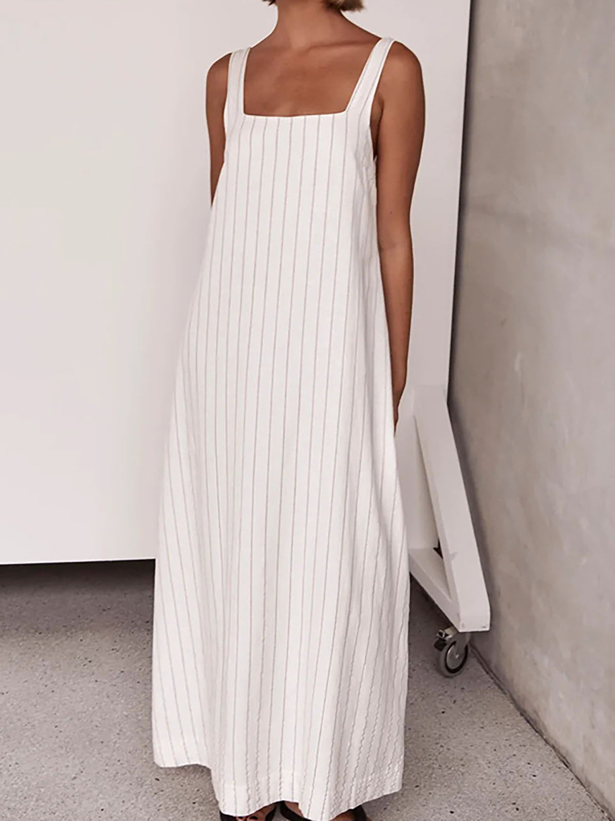 Çizgili Askılı Uzun Elbise