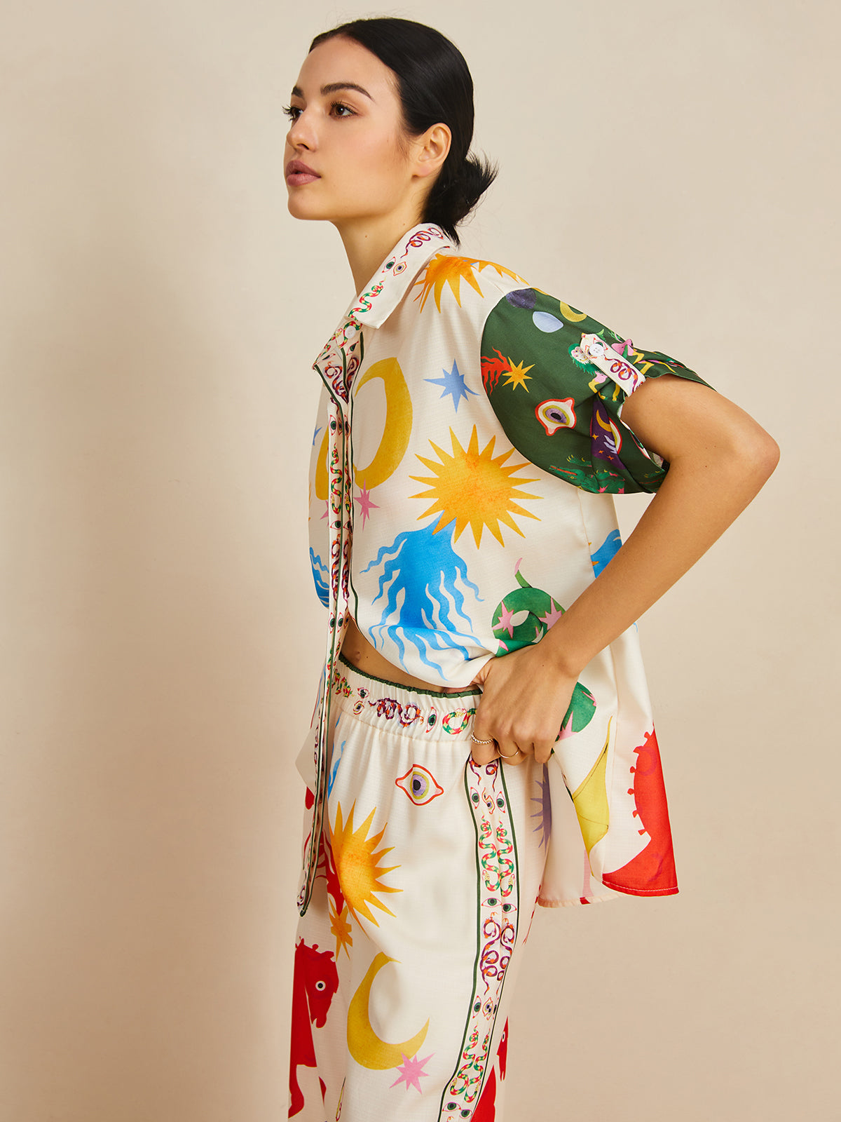 Günlük Shift Keten Karışımı Stil Baskılı Pantolon Takımı