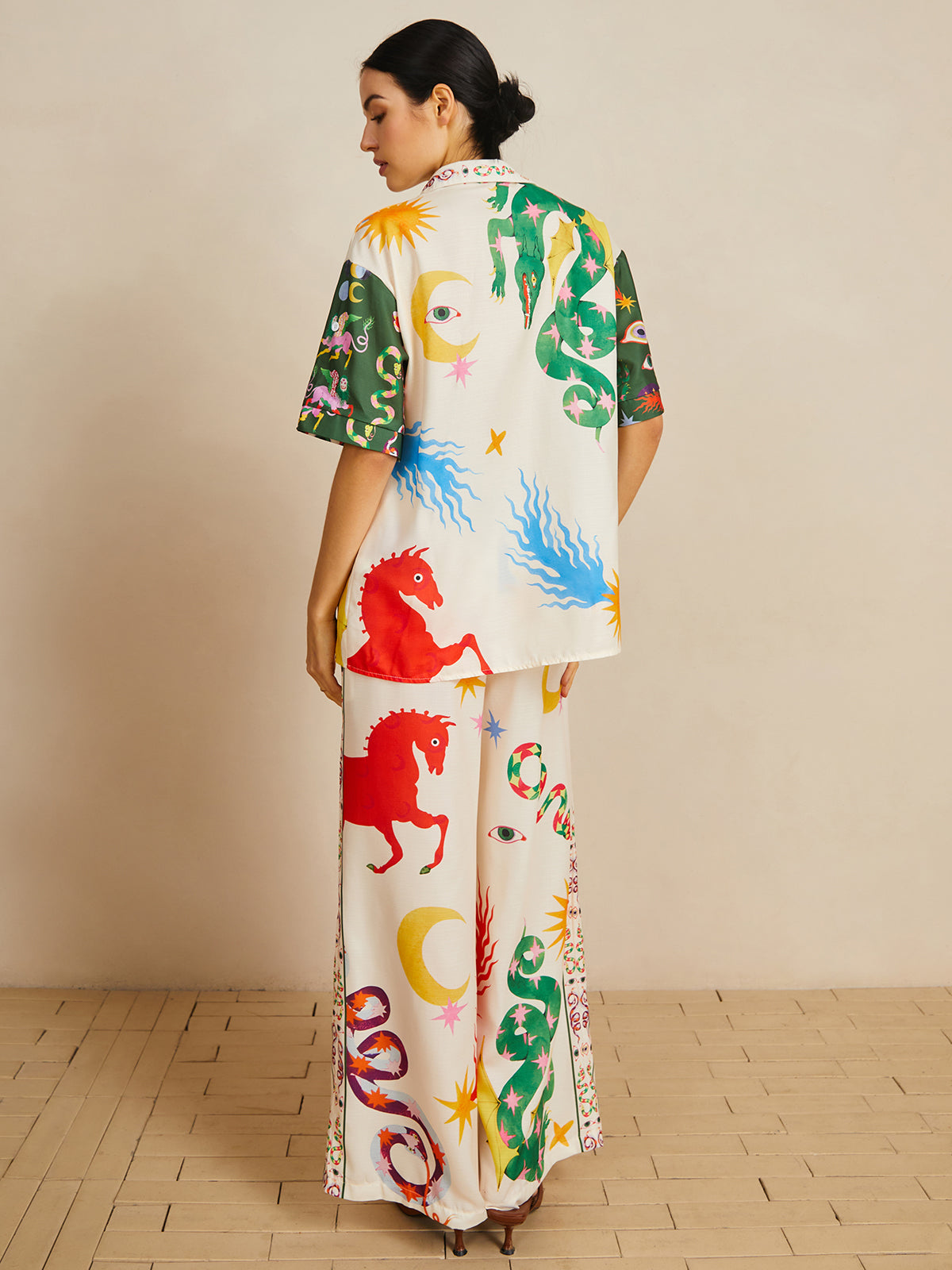 Günlük Shift Keten Karışımı Stil Baskılı Pantolon Takımı