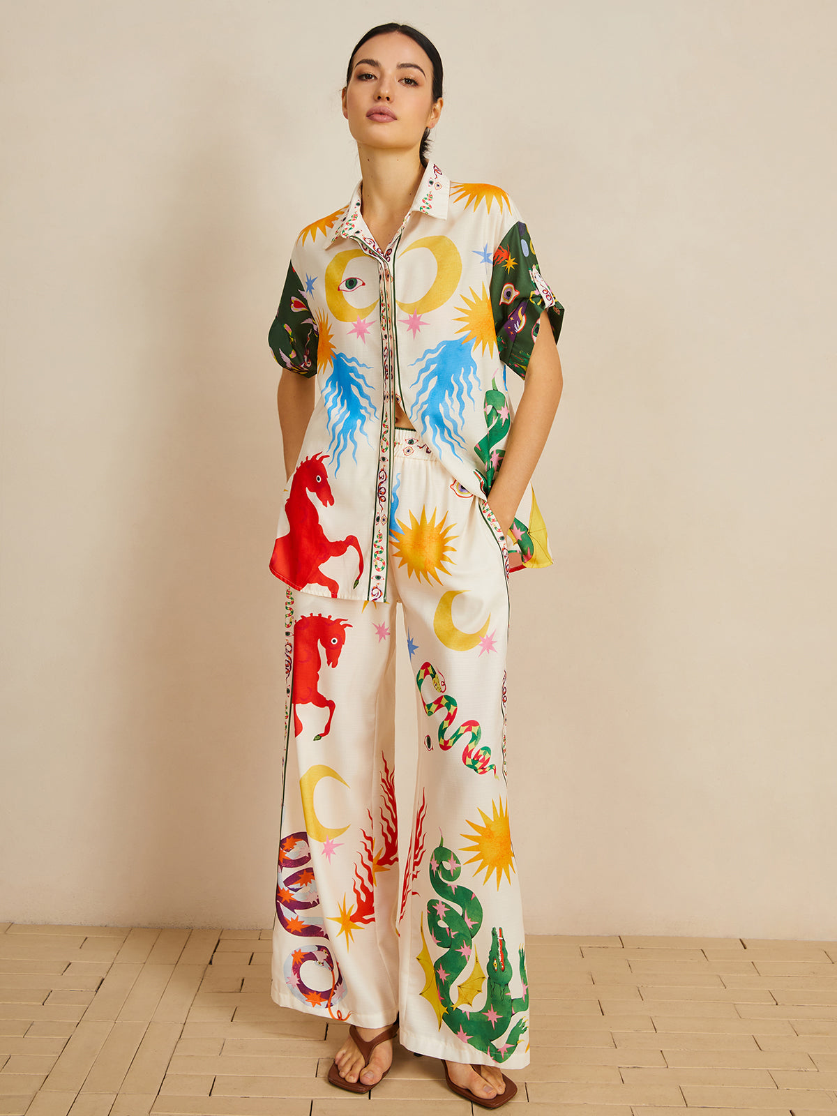 Günlük Shift Keten Karışımı Stil Baskılı Pantolon Takımı