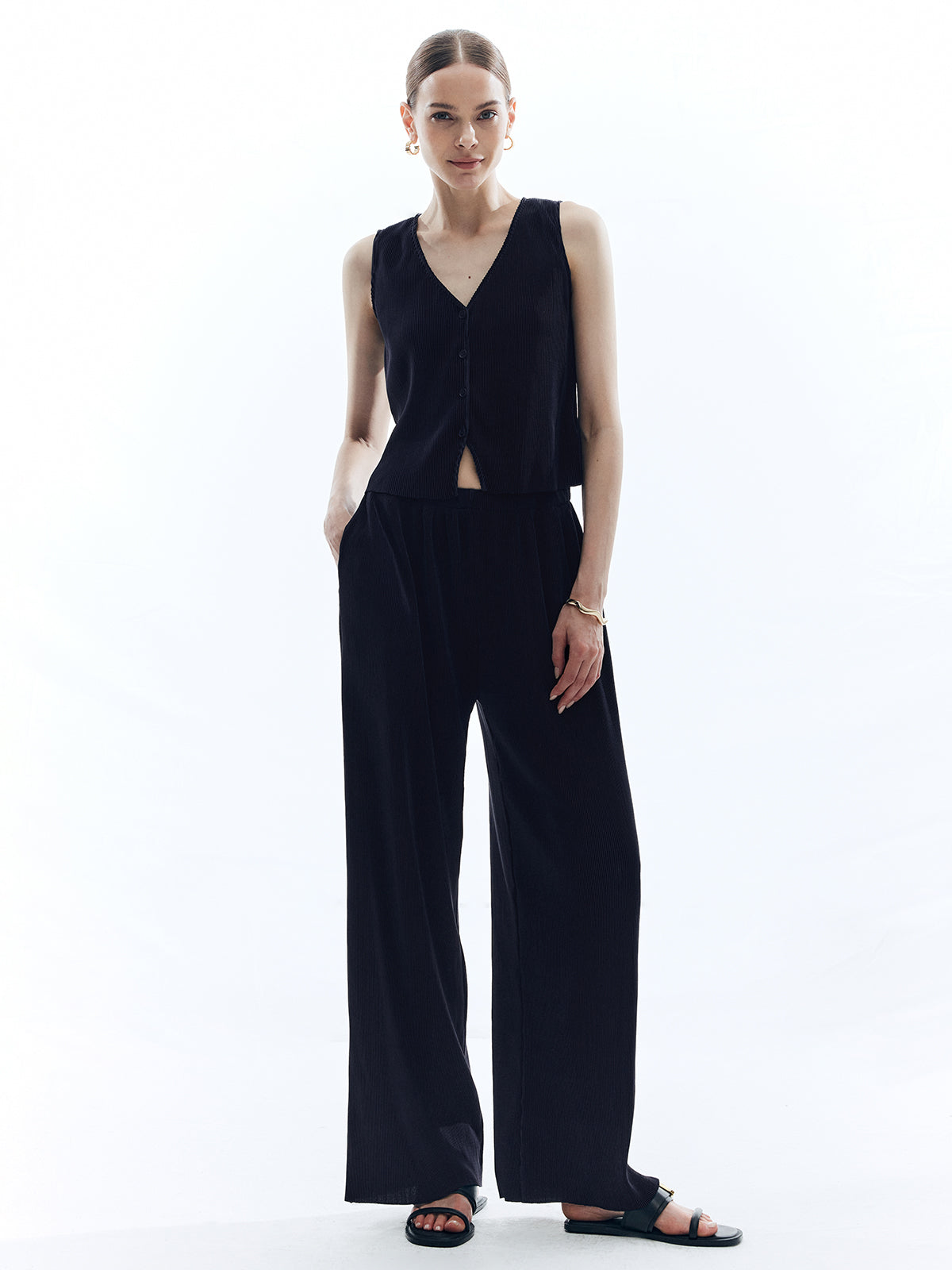 Saten Düz V Yaka Pantolon Takımı