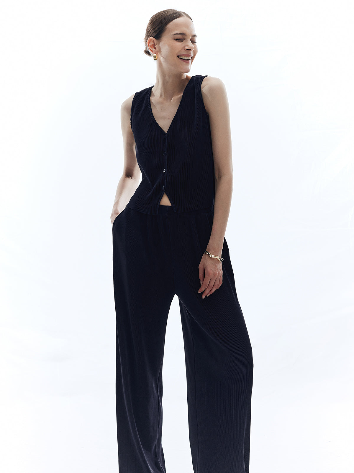 Saten Düz V Yaka Pantolon Takımı