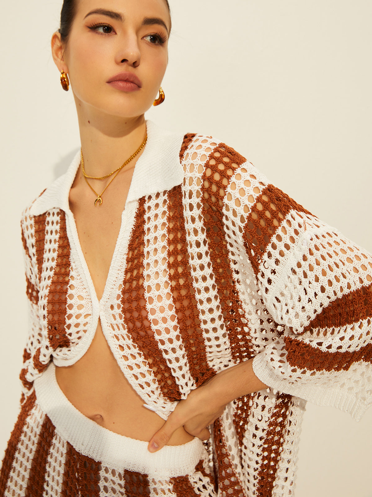 Şeffaf Çizgili Polo Örgü Pantolon Takımı