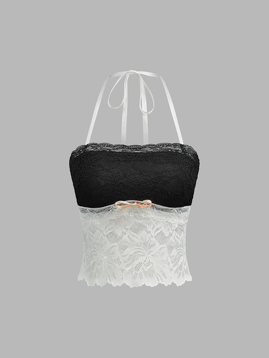 Renk Bloklu Dantel Askılı Üst