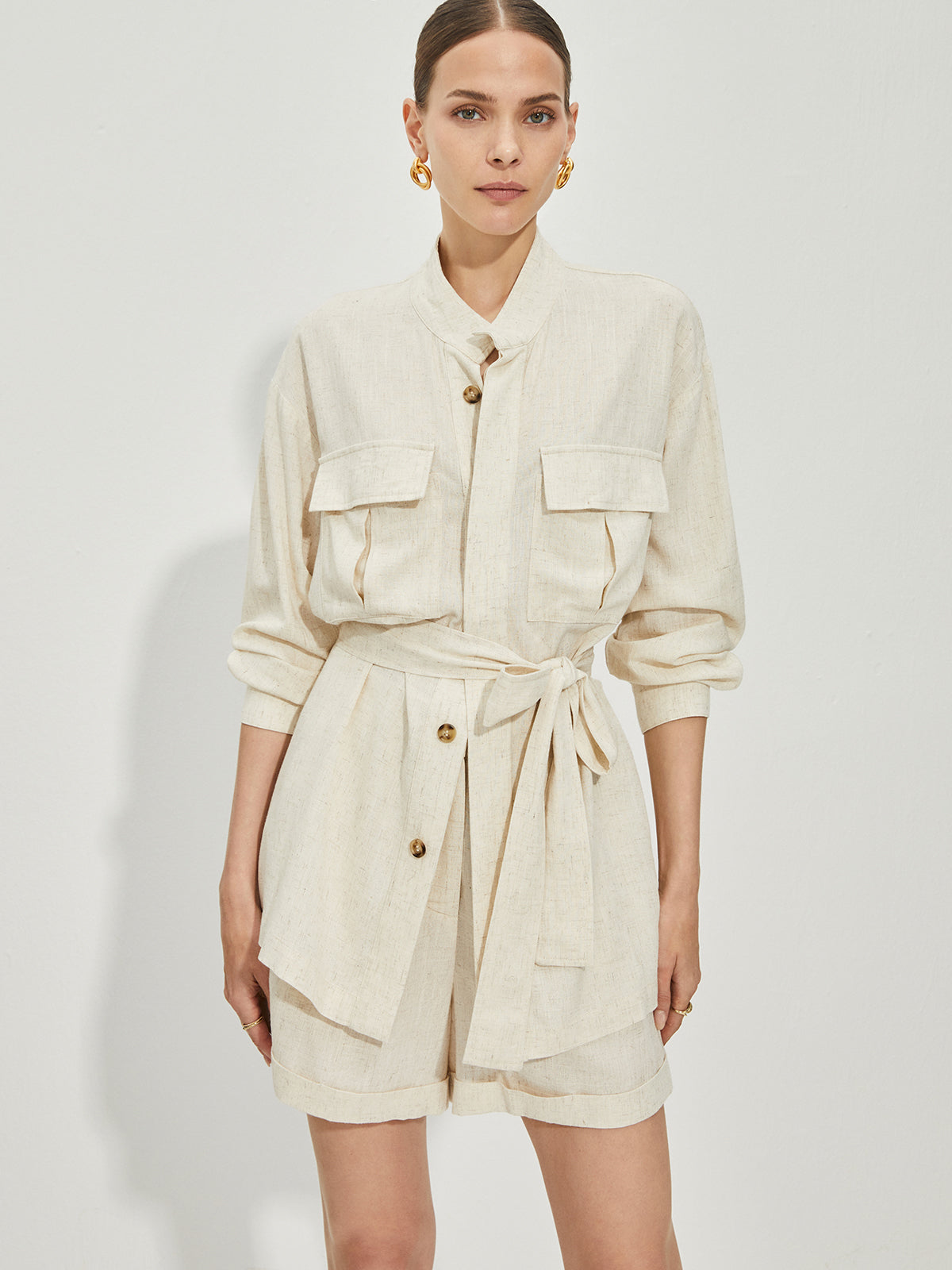 Günlük Pamuklu Ve Keten Şort Takımı Kemerli