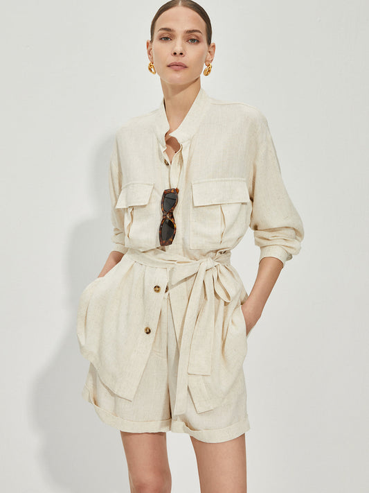 Günlük Pamuklu Ve Keten Şort Takımı Kemerli