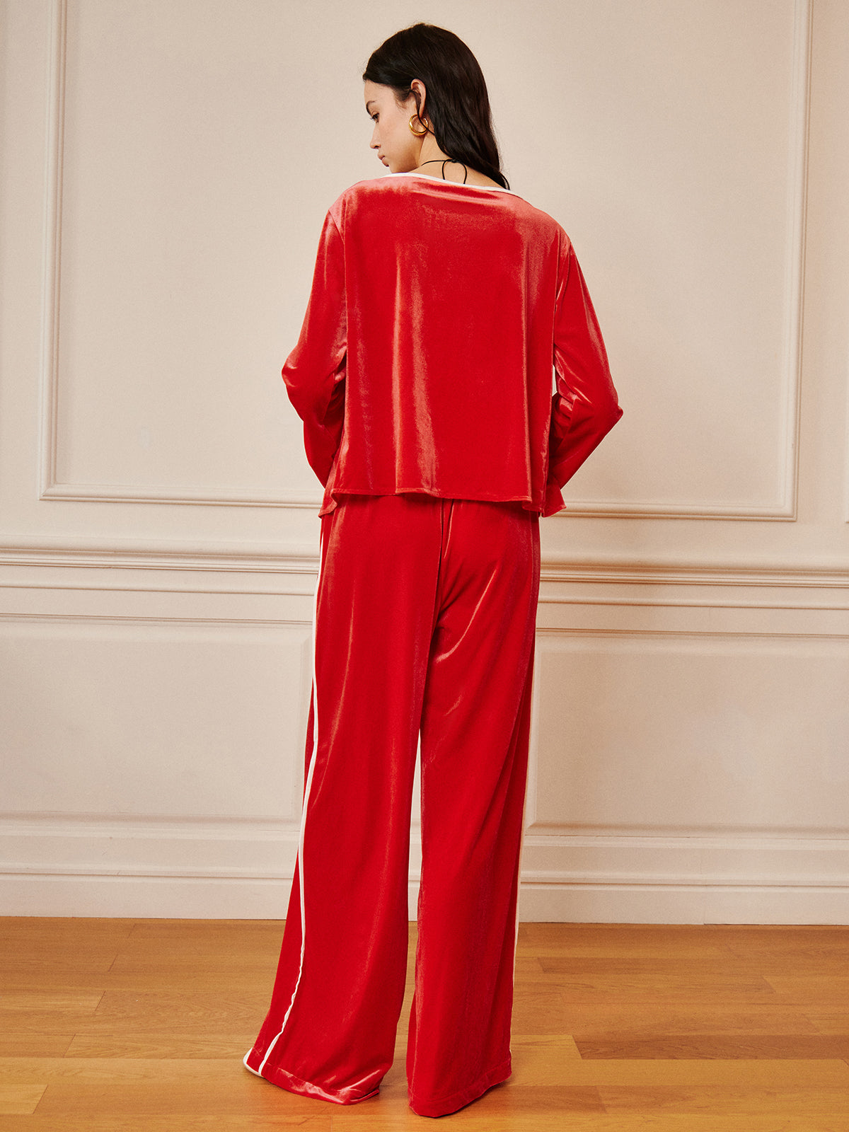 Kadife Bağcıklı Drapeli Pantolon Takımı