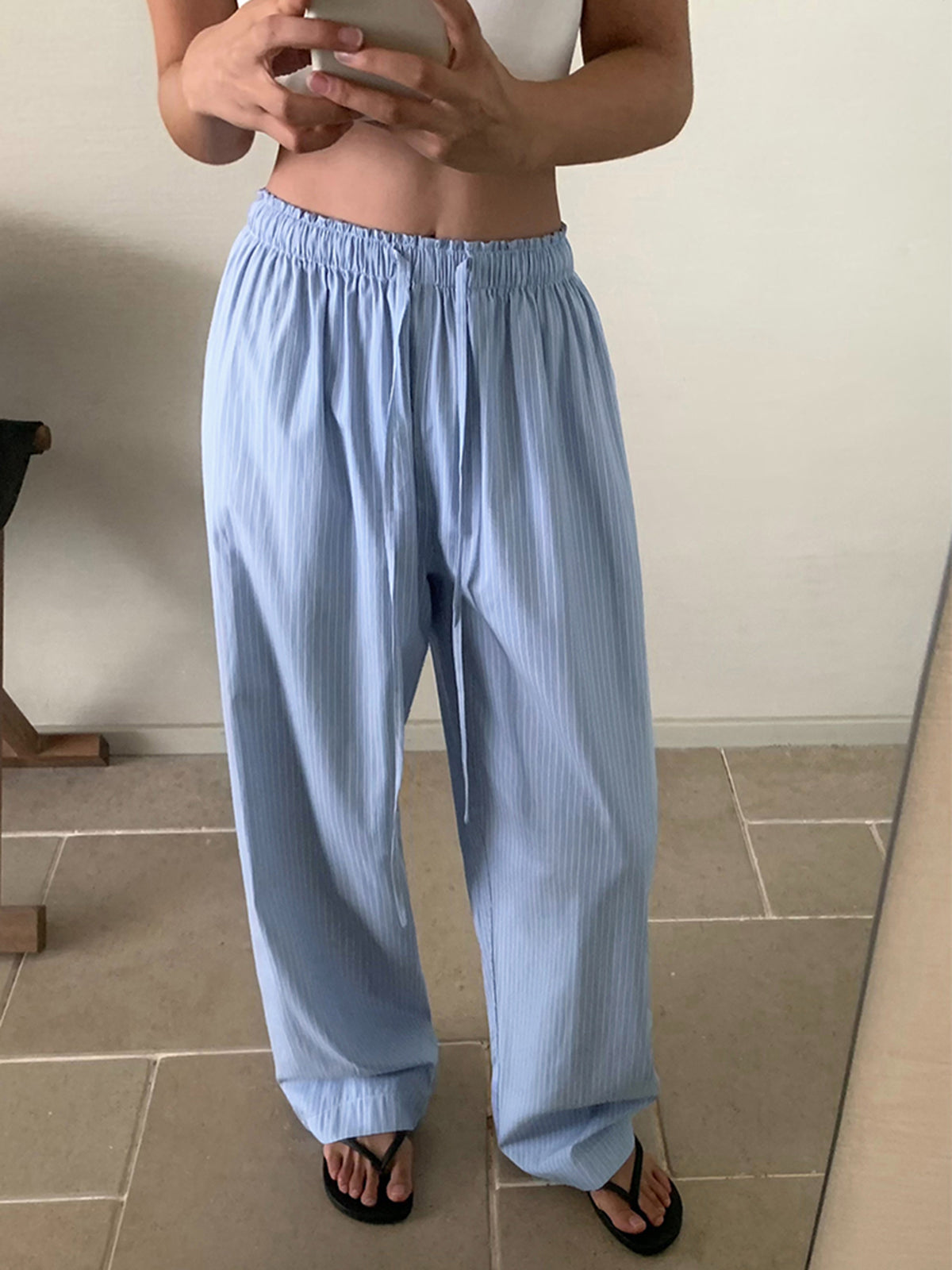 Pinstripe Bağcıklı Geniş Paça Pantolon