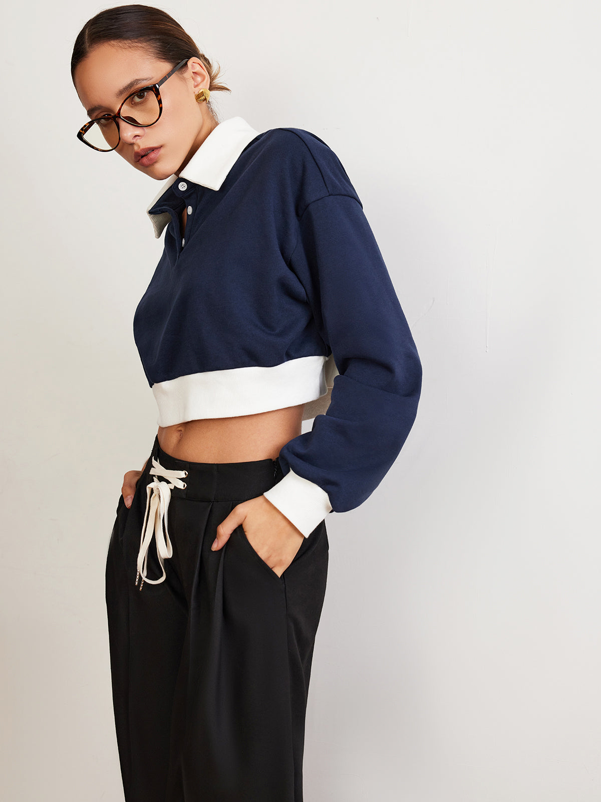 Patchwork Polo Kırpılmış Sweatshirt