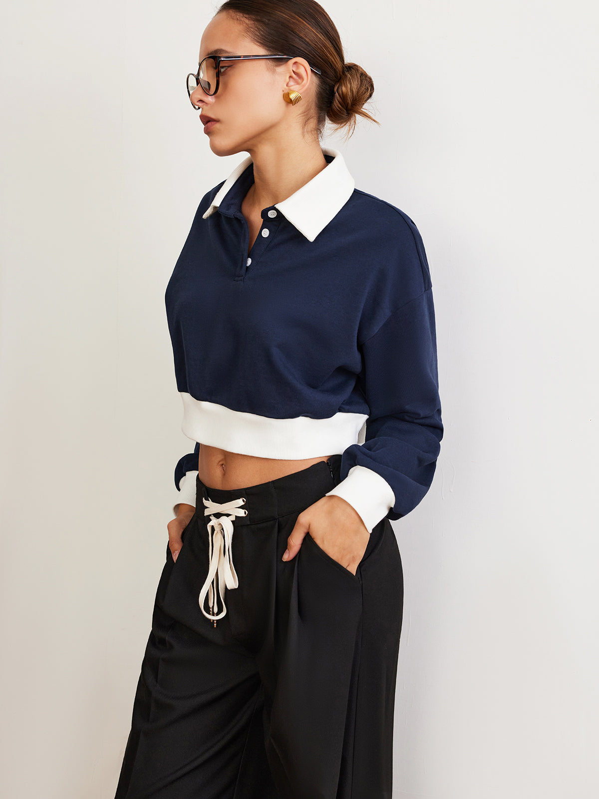 Patchwork Polo Kırpılmış Sweatshirt