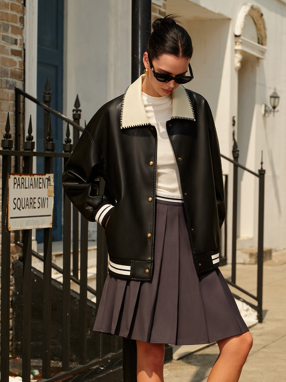 Kontrast Yaka Pu Deri Bomber Ceket