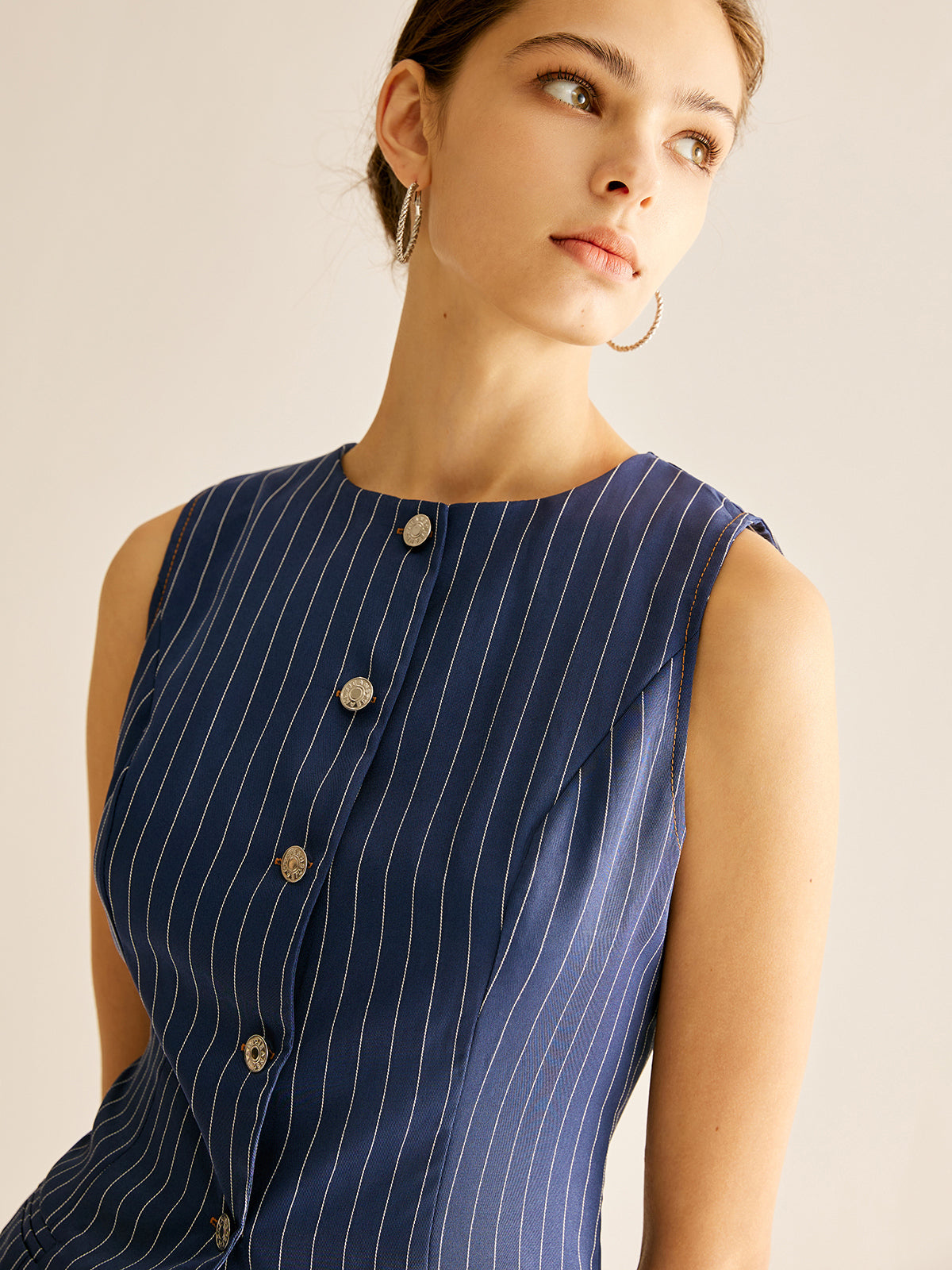 Pinstripe Düğmeli Kolsuz Gömlek