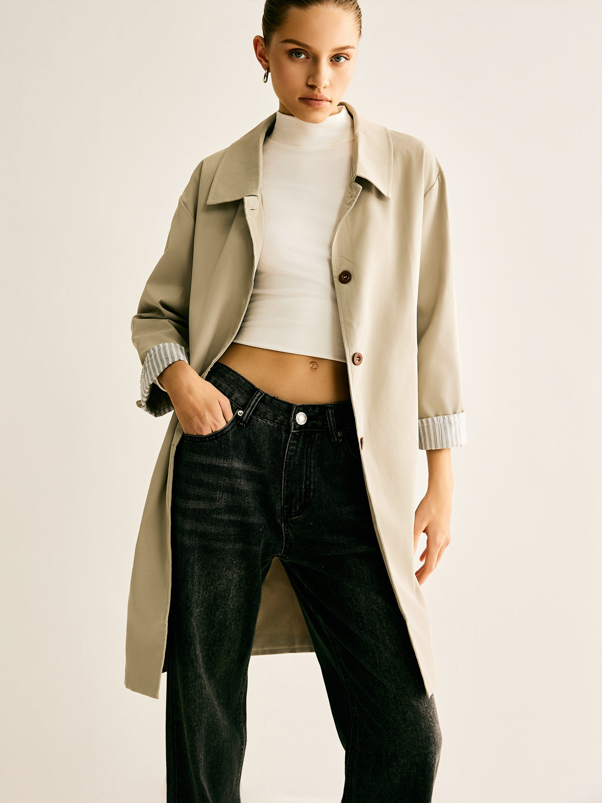 Pinstripe Manşet Uzun Trençkot