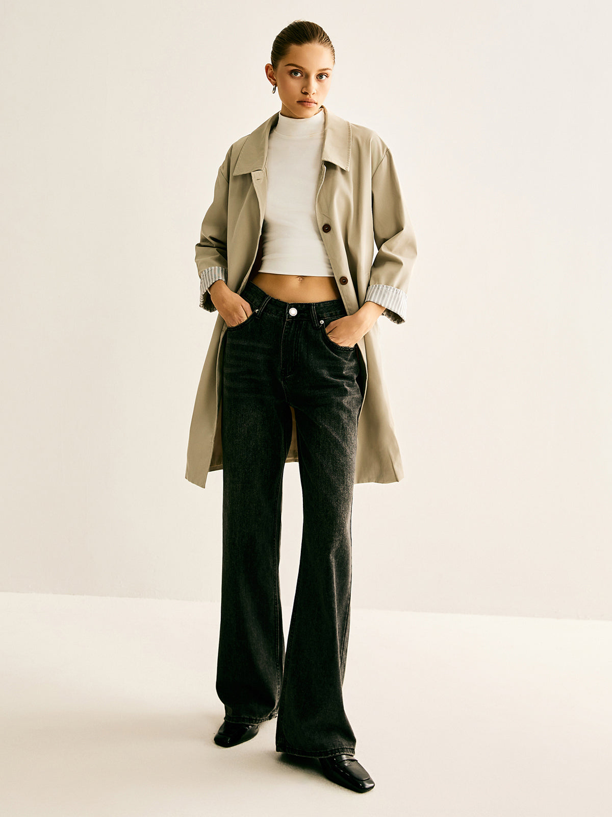 Pinstripe Manşet Uzun Trençkot