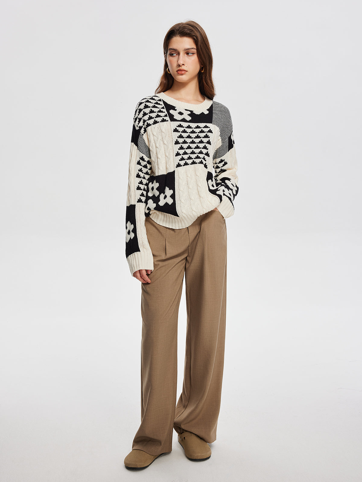 Renk Bloklu Kablo Örgü Sıcak Kazak