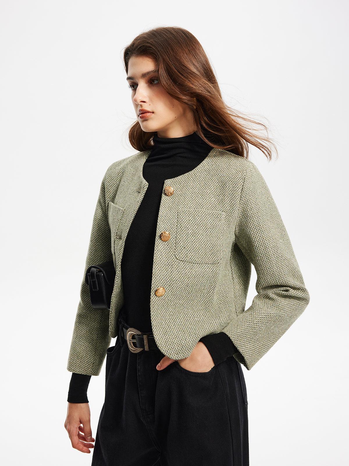 Yuvarlak Yaka Cepli Tweed Ceket