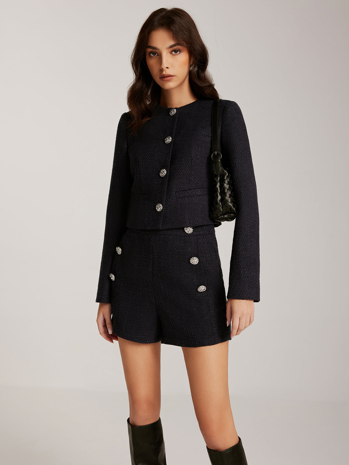 Düğmeli Tweed Kısa Ceket