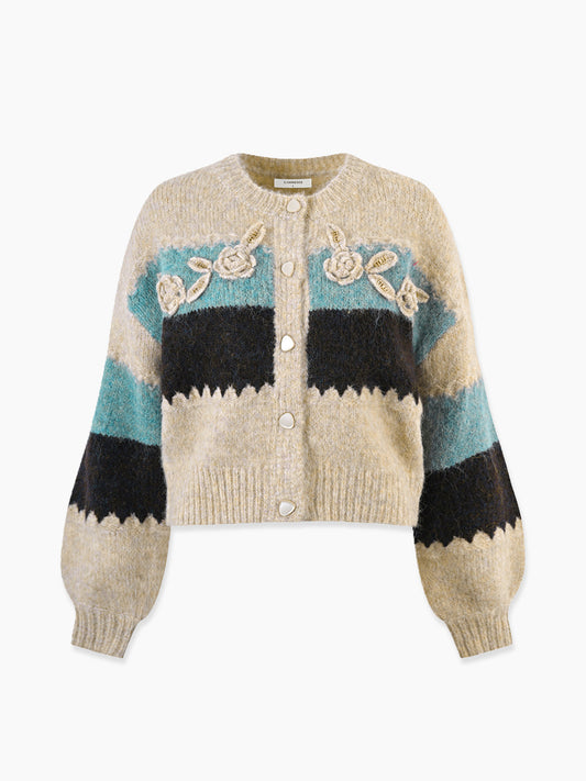 Tığ İşi Çiçekli Renk Bloklu Hırka