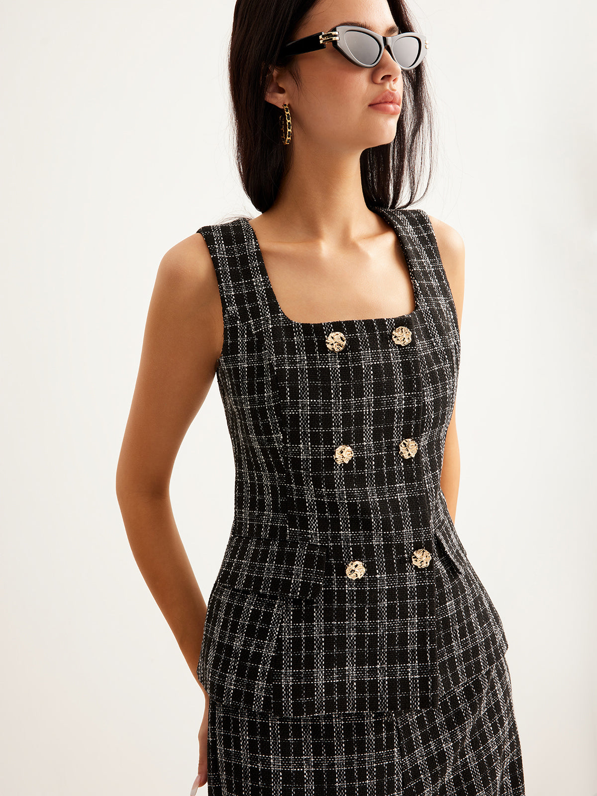 Kareli Tweed Düğmeli Yelek