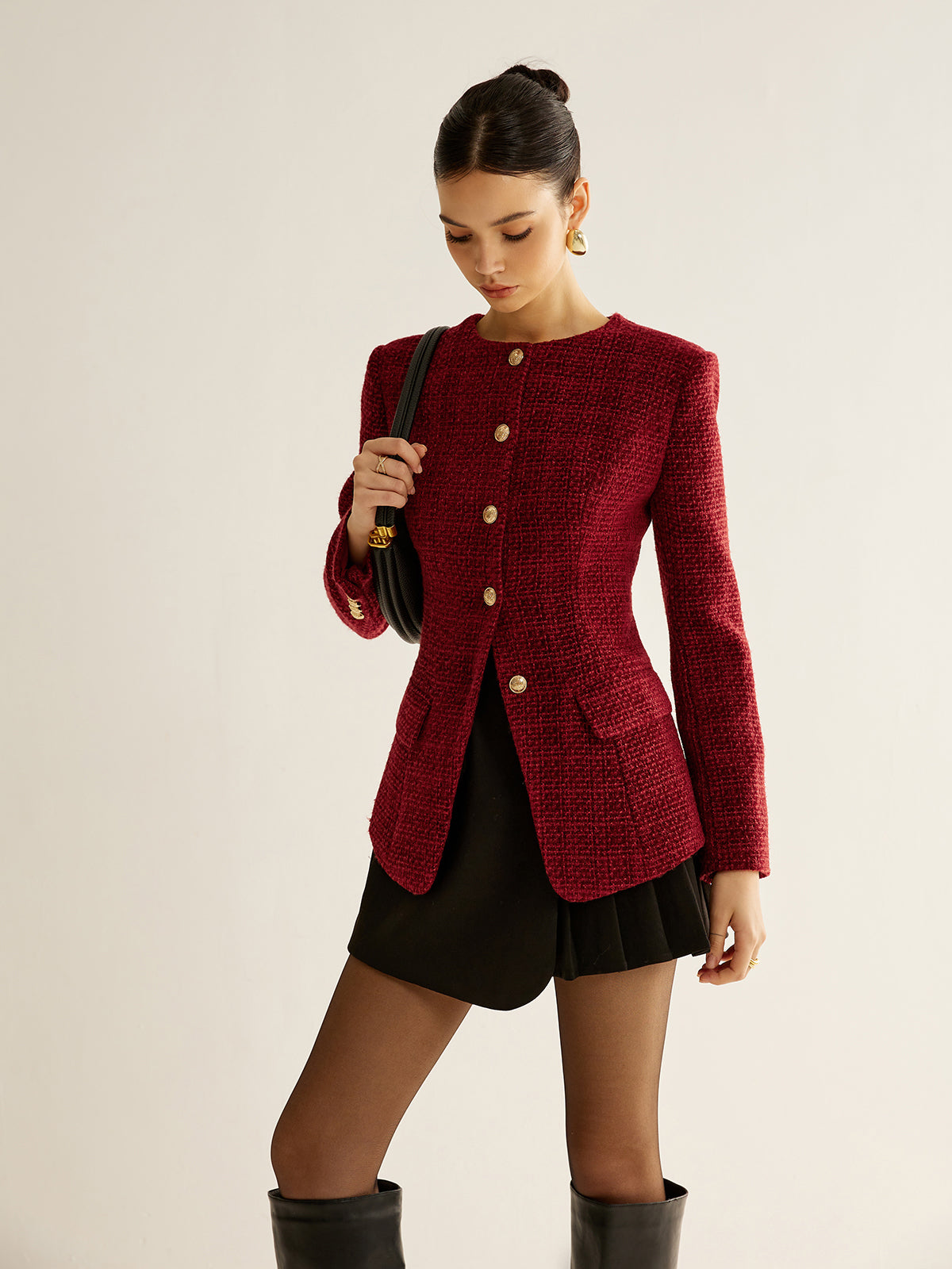 Düğmeli Yırtmaçlı Tweed Blazer