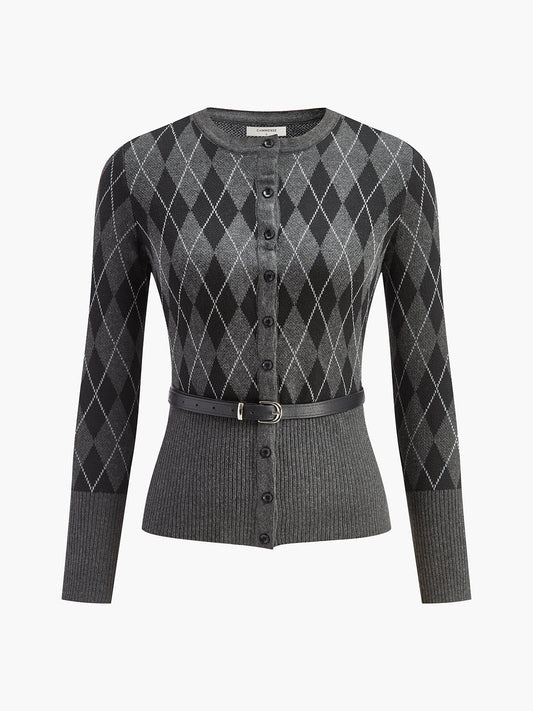 Eşkenar Dörtgen Desenli Kemer Düğmeli Hırka