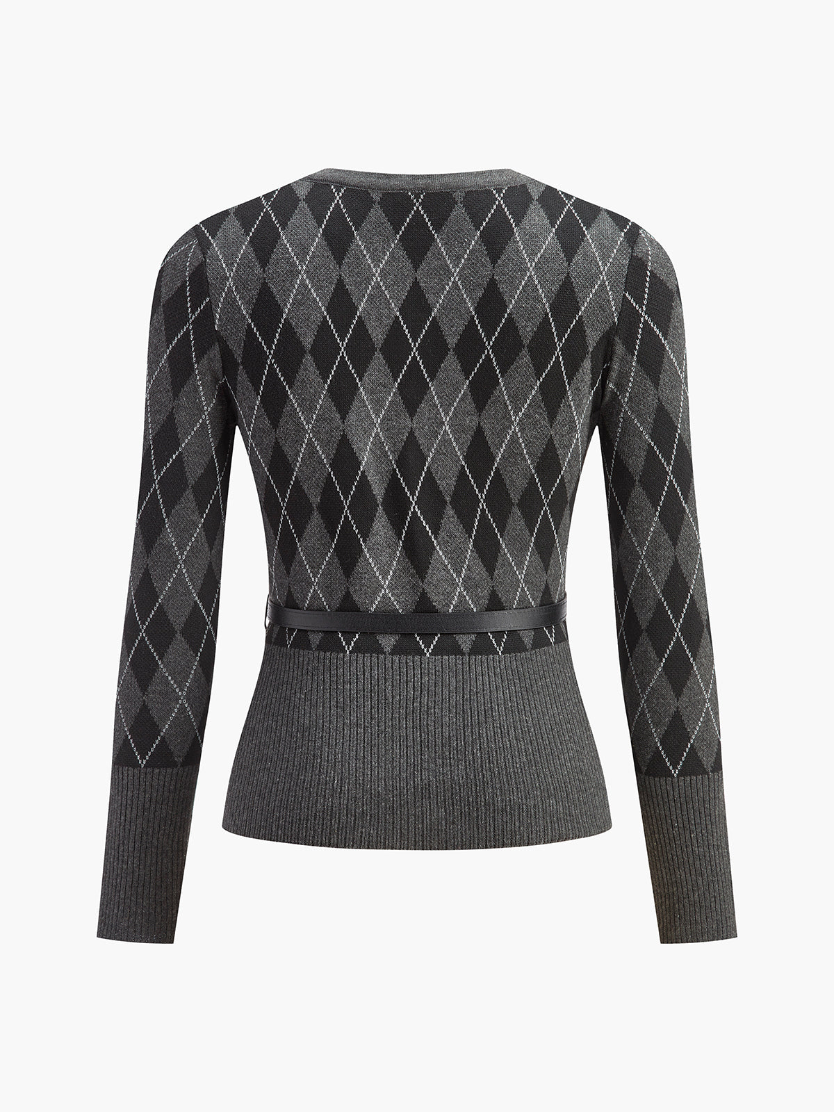 Eşkenar Dörtgen Desenli Kemer Düğmeli Hırka