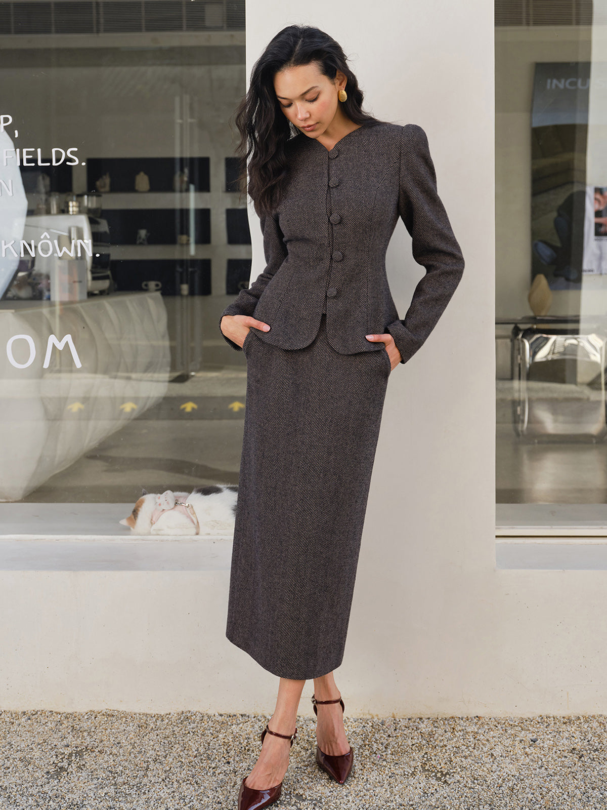 Chevron Bölünmüş Cepli Etek