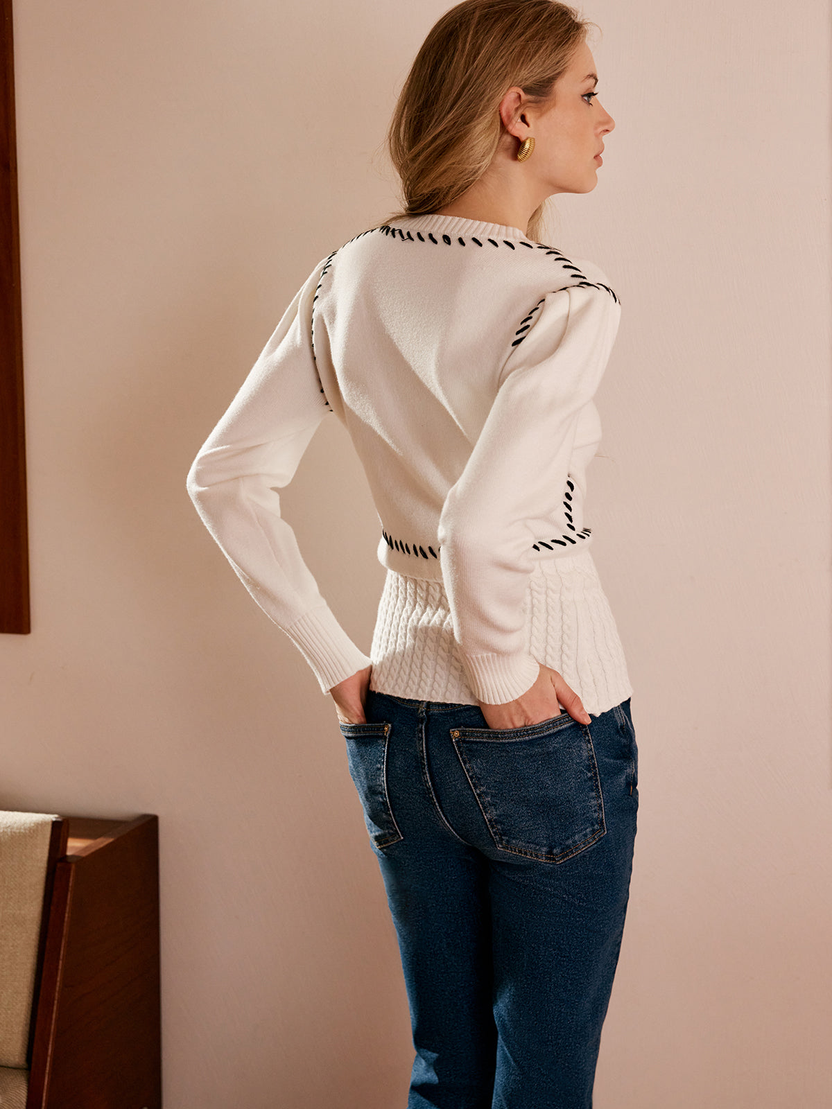 Kontrast Trim Bölünmüş İnce Kardigan