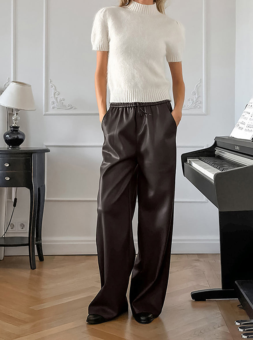 Elastik Bel Bağcıklı Suni Deri Pantolon