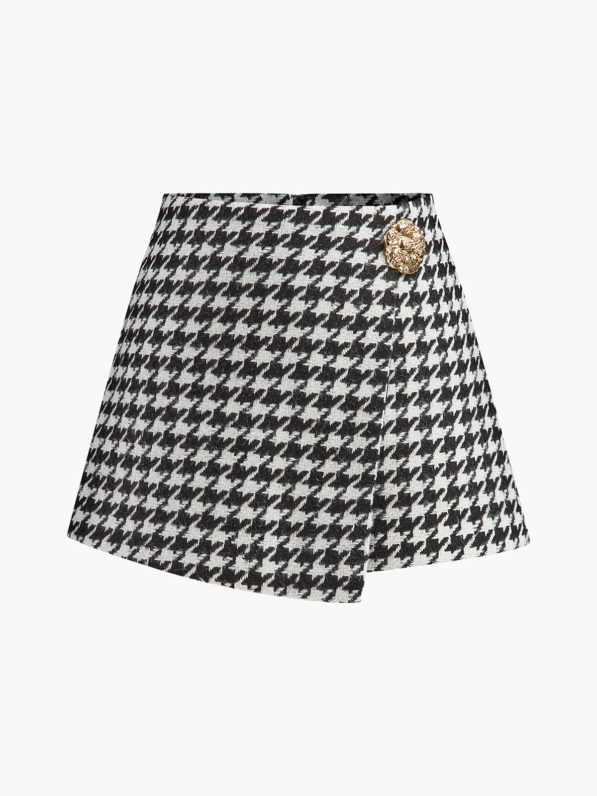 Yüksek Bel Metal Düğmeli Houndstooth Şort
