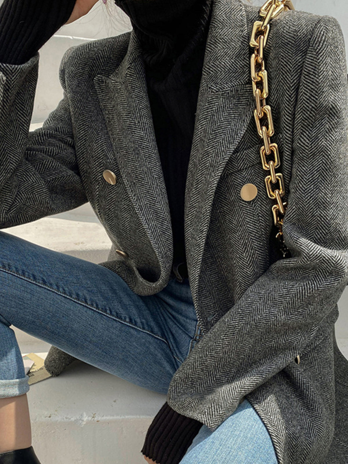 Yün Karışımlı Chevron Tweed Fit Blazer