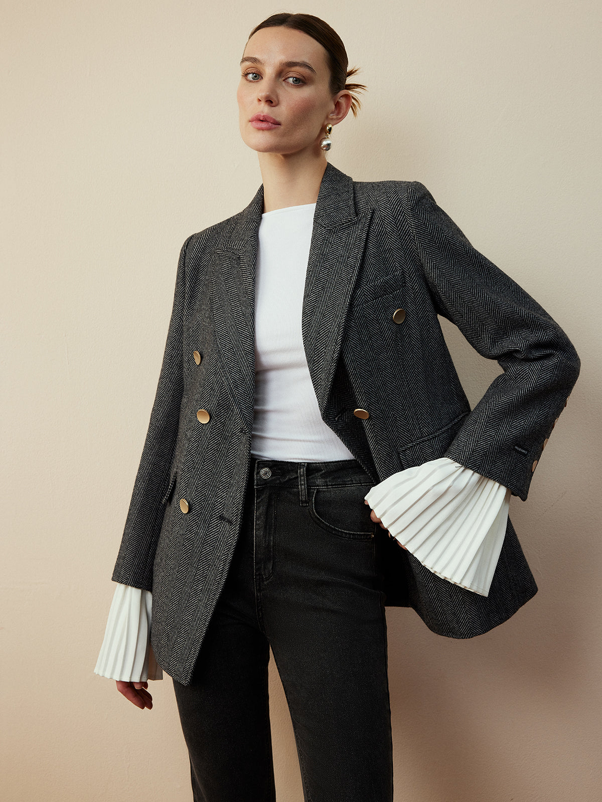 Yün Karışımlı Chevron Tweed Fit Blazer