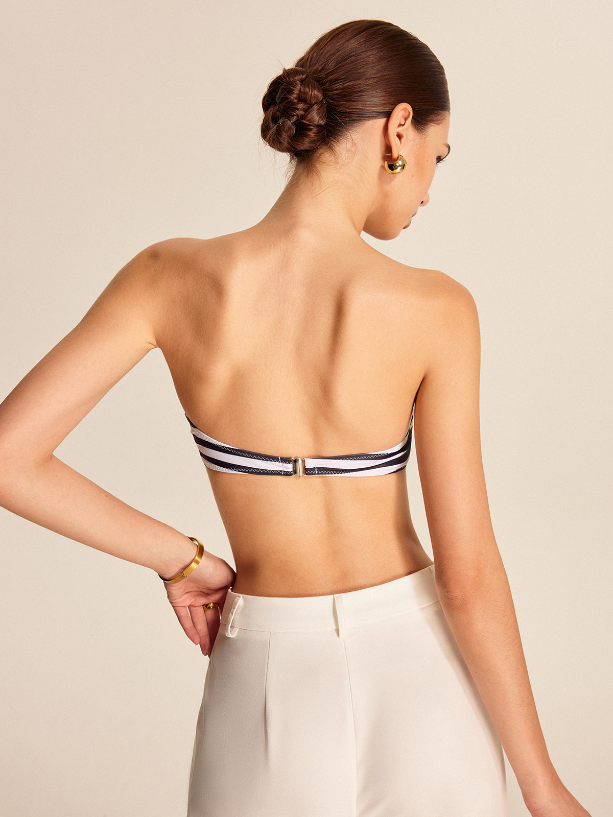 Çizgili Çiçek Detaylı Bandeau Bikini Takımı