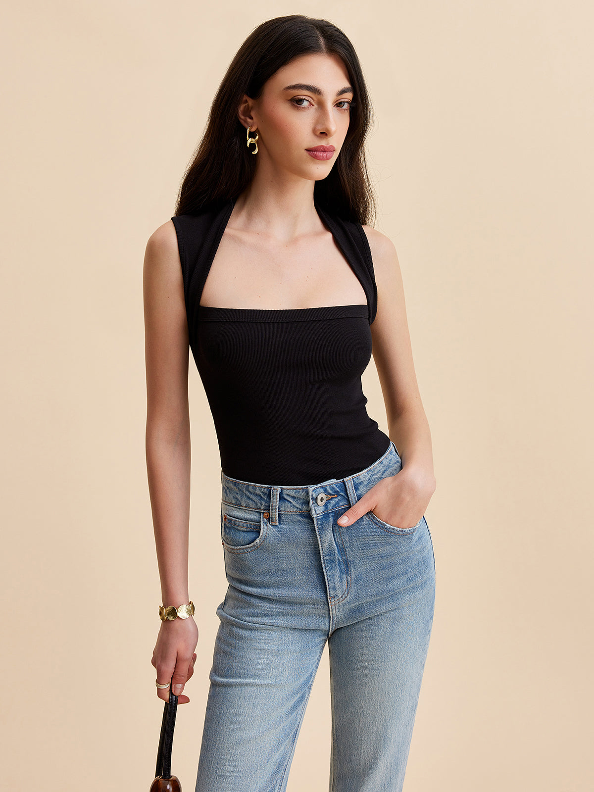 Kare Yakalı Yivli Tank Top