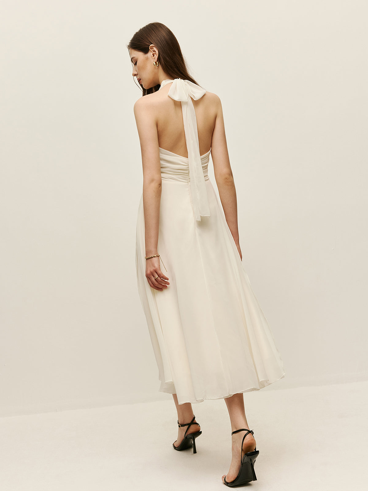 Halter Ayarlanabilir Askılı Fermuarlı V Yaka Uzun Elbise