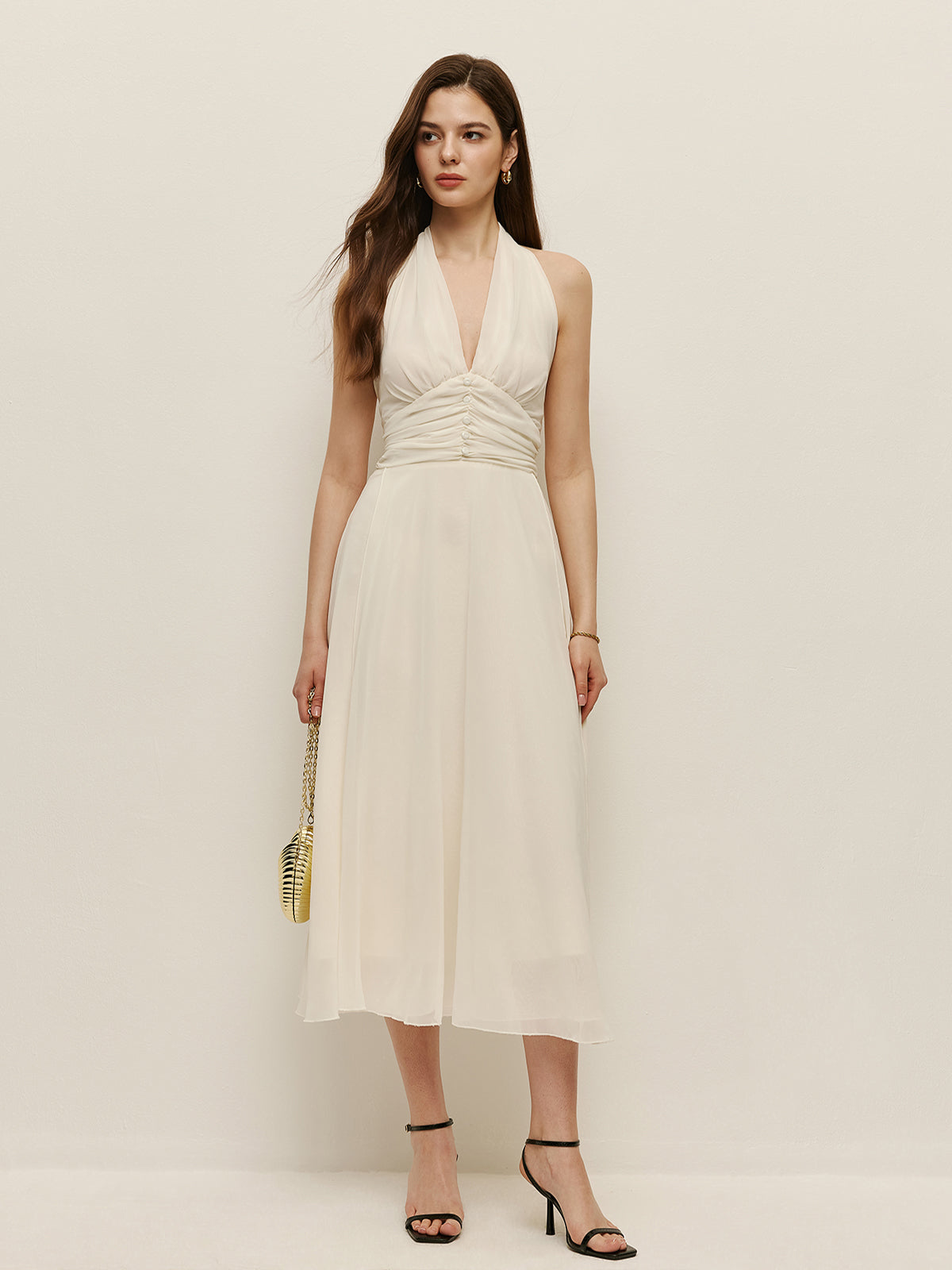 Halter Ayarlanabilir Askılı Fermuarlı V Yaka Uzun Elbise