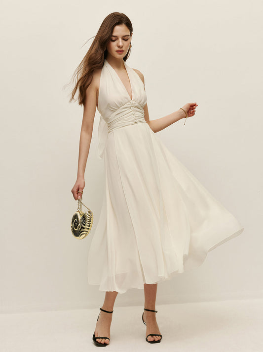 Halter Ayarlanabilir Askılı Fermuarlı V Yaka Uzun Elbise