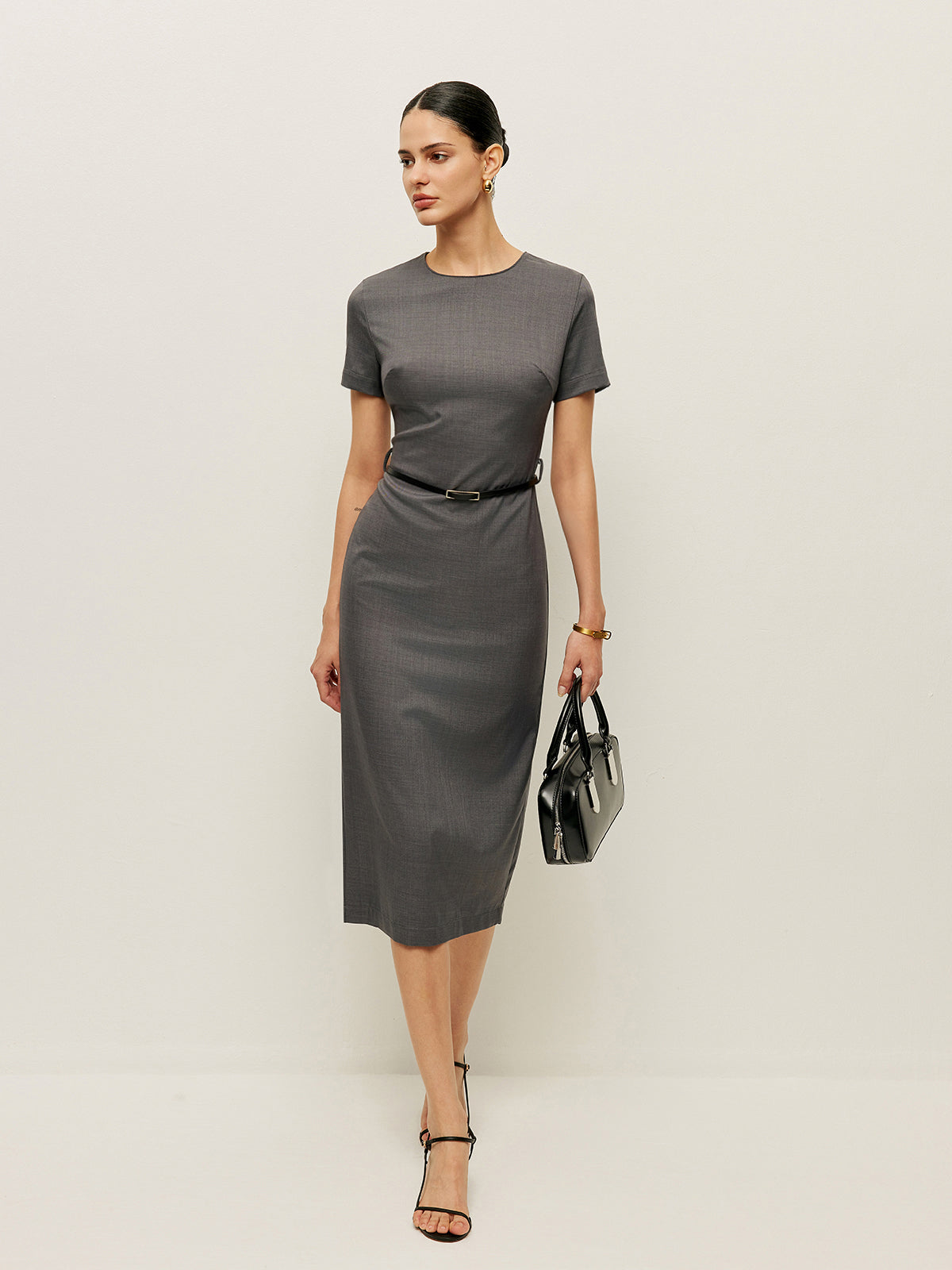 Kemerli Kısa Kollu Kalem Elbise