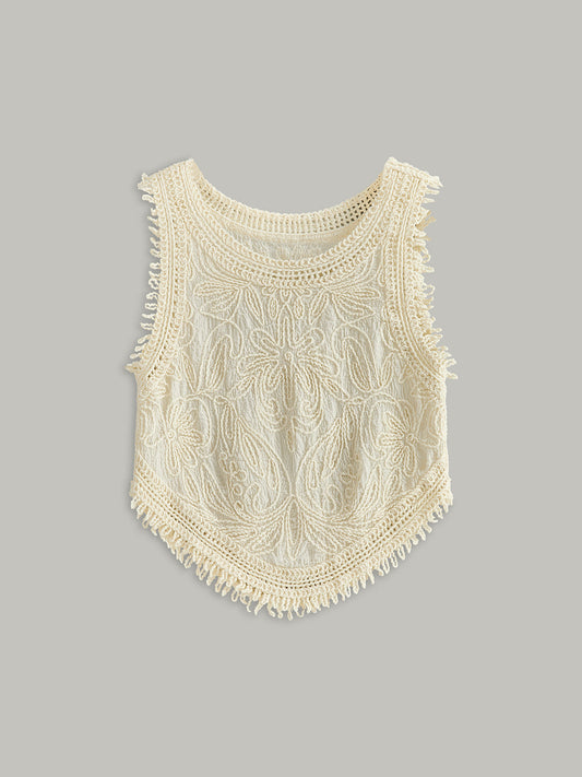 Yarı Şeffaf Tığ İşi Dantel Çiçek Detaylı Tank Top