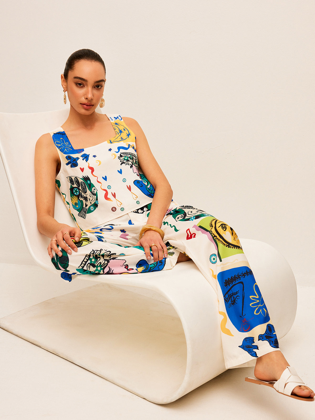 Grafik Baskılı Crop Top Geniş Paça Pantolon Takımı