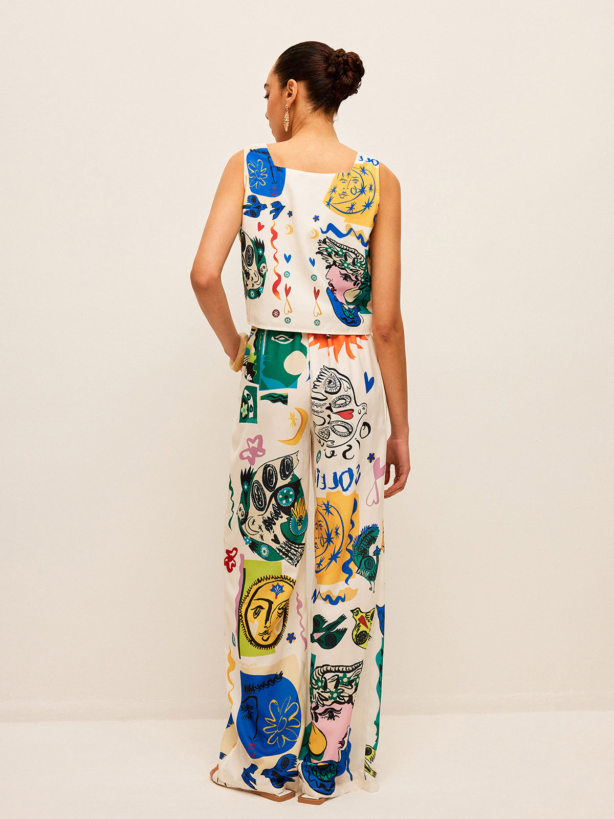 Grafik Baskılı Crop Top Geniş Paça Pantolon Takımı