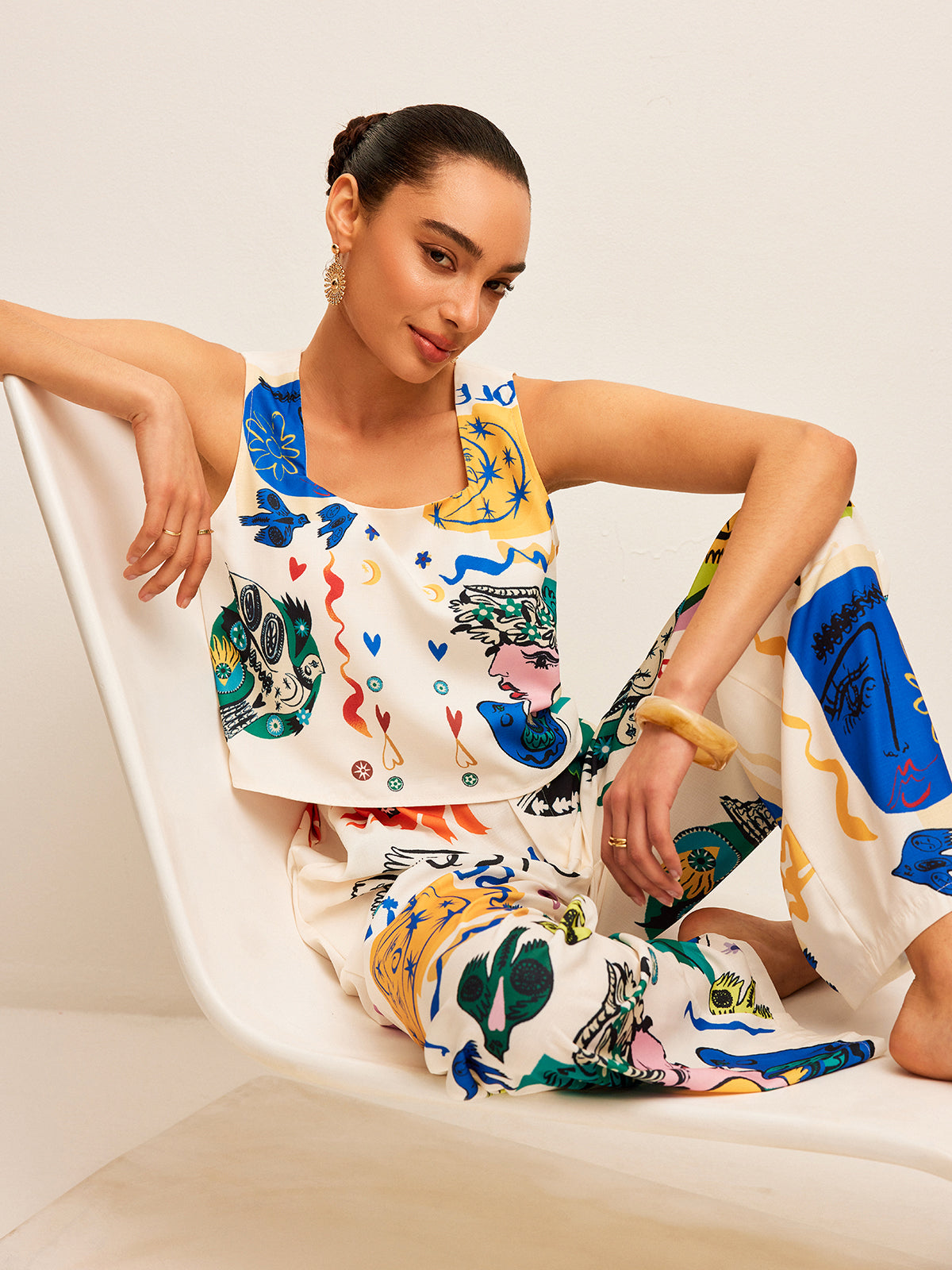 Grafik Baskılı Crop Top Geniş Paça Pantolon Takımı