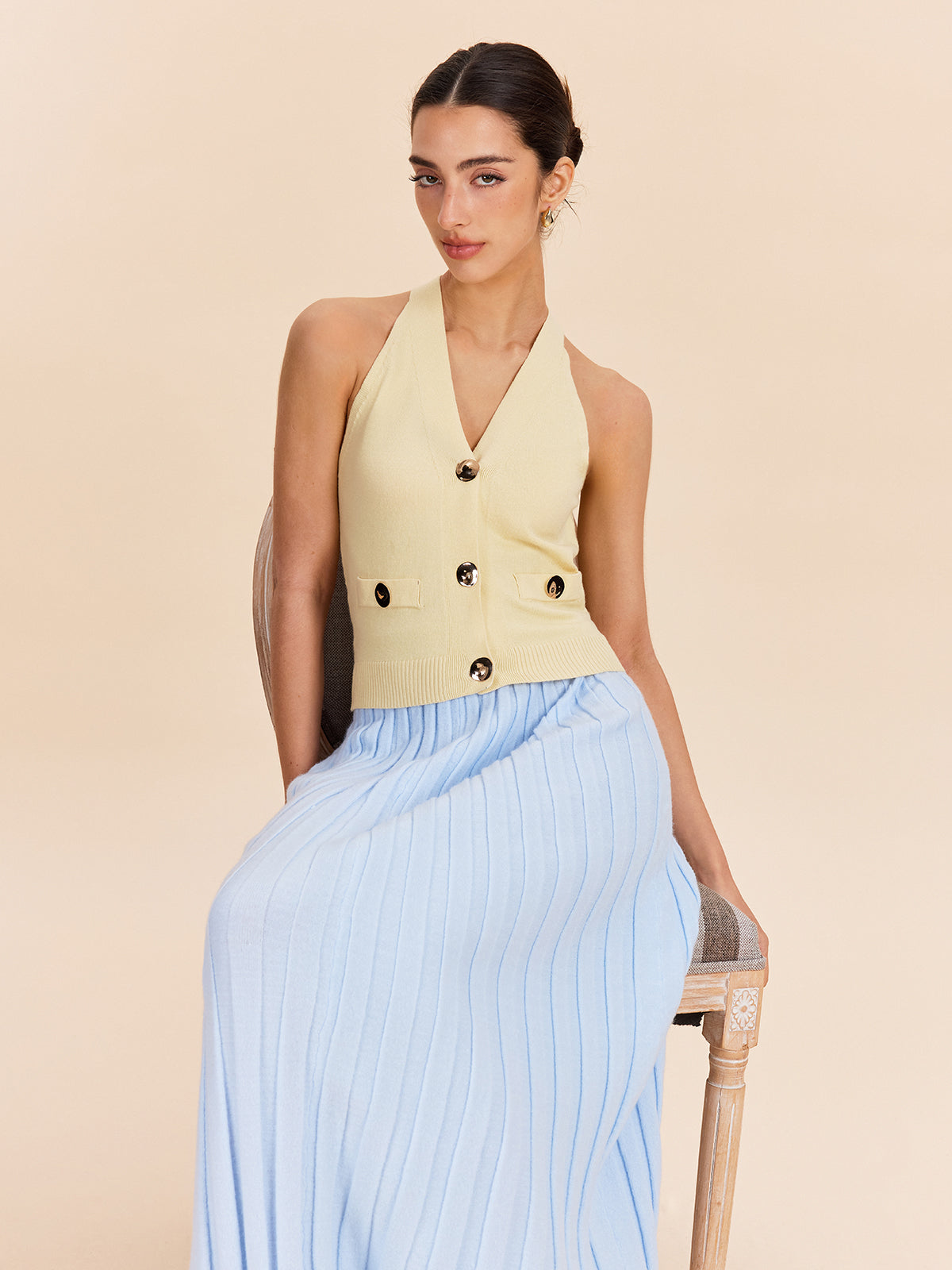 Halter Yaka Yivli Örgü Yelek Dekor Cepli