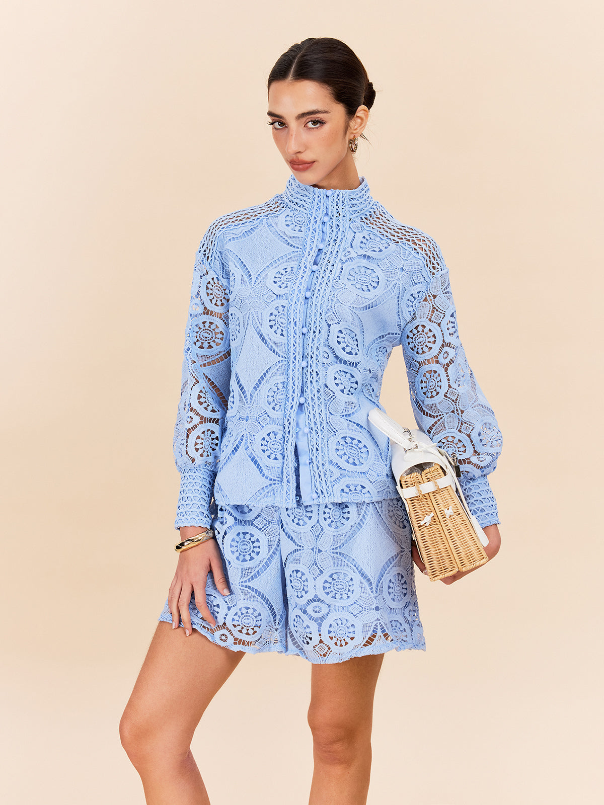 Dantel Puf Kollu Şort Takımı Kemersiz