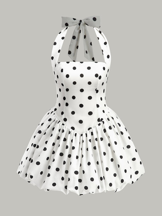 Polka Dot Fiyonk Askılı Fermuarlı Elbise