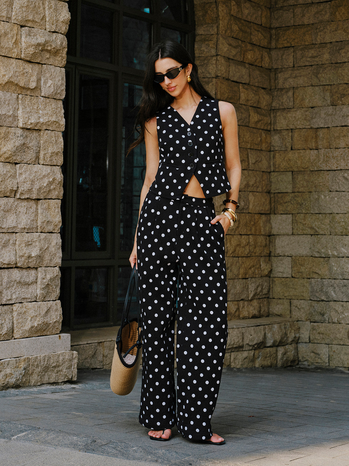 Pamuklu Polka Dot Yelek Pantolon Takımı