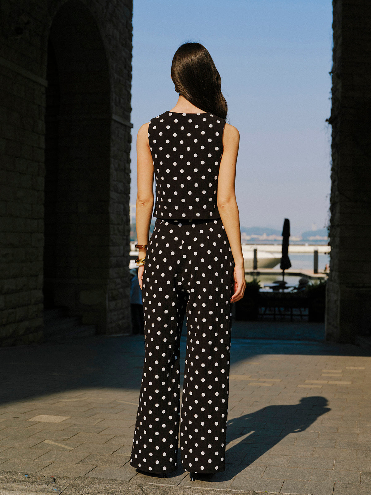 Pamuklu Polka Dot Yelek Pantolon Takımı