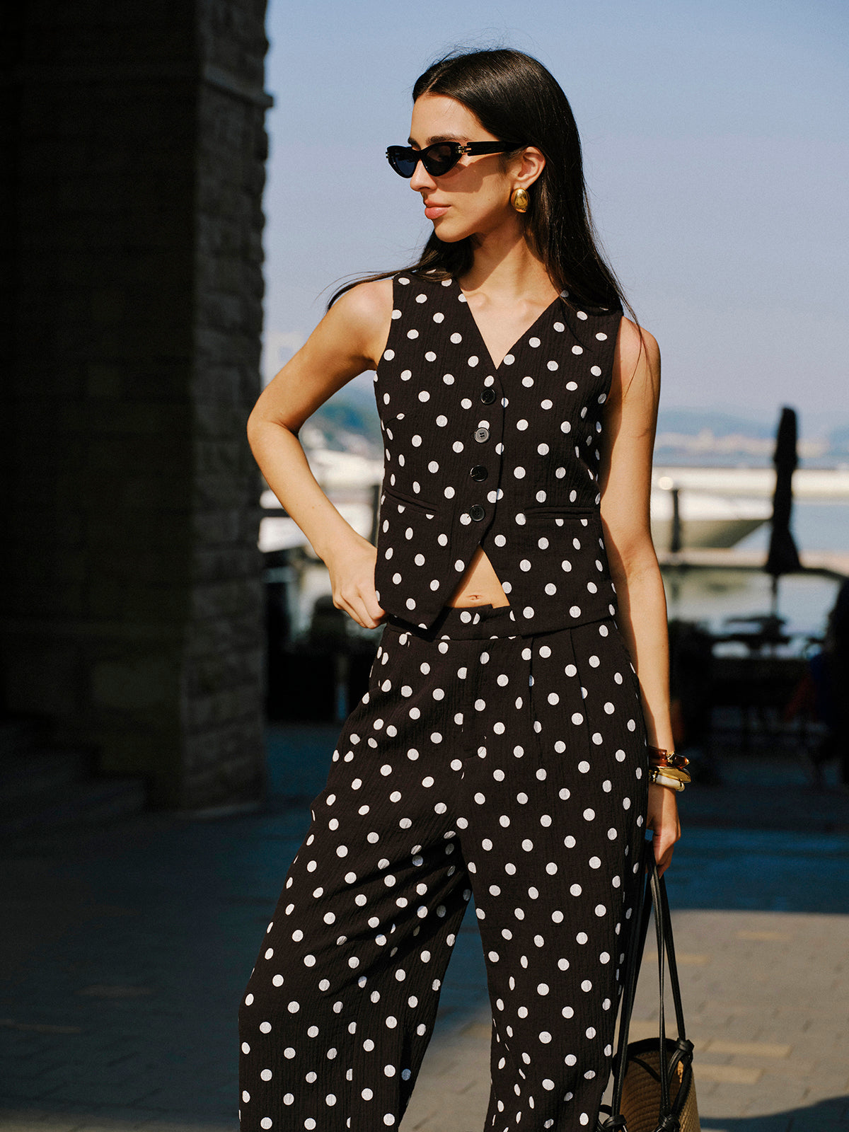 Pamuklu Polka Dot Yelek Pantolon Takımı