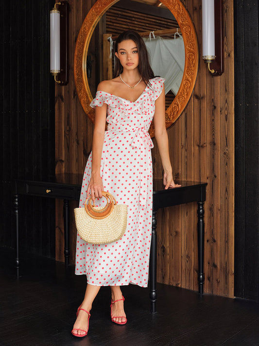 Polka Dot Volanlı Bağcıklı Bel Elbise