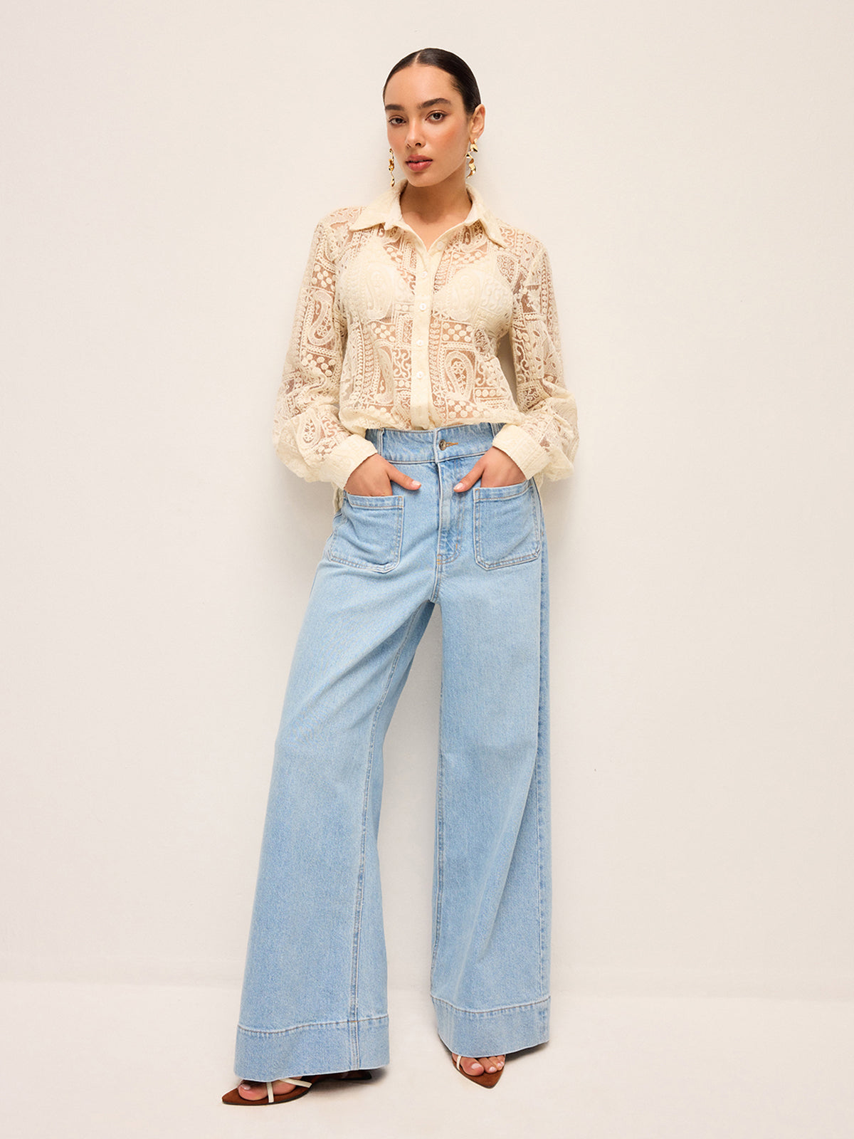 Uzun Kollu Dantel Polo Yaka Pamuk Karışımlı Gömlek